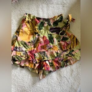 Zara Floral Brushstroke Ruffle Shorts in Green, Pink, Yellow